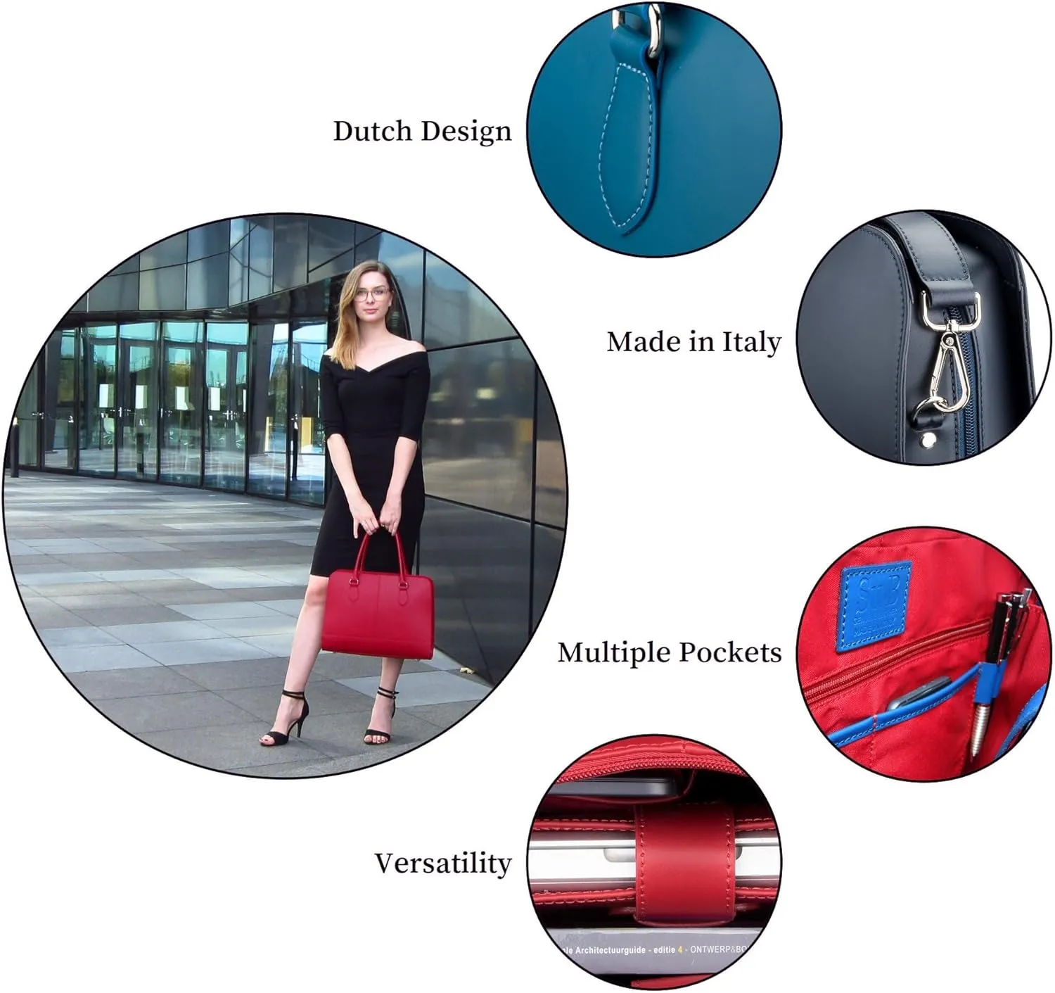Womens Laptop Bag  Fits 14" and 13" Laptops, Croco Print Leather, Dutch Design, Made in Italy, with Trolley Strap