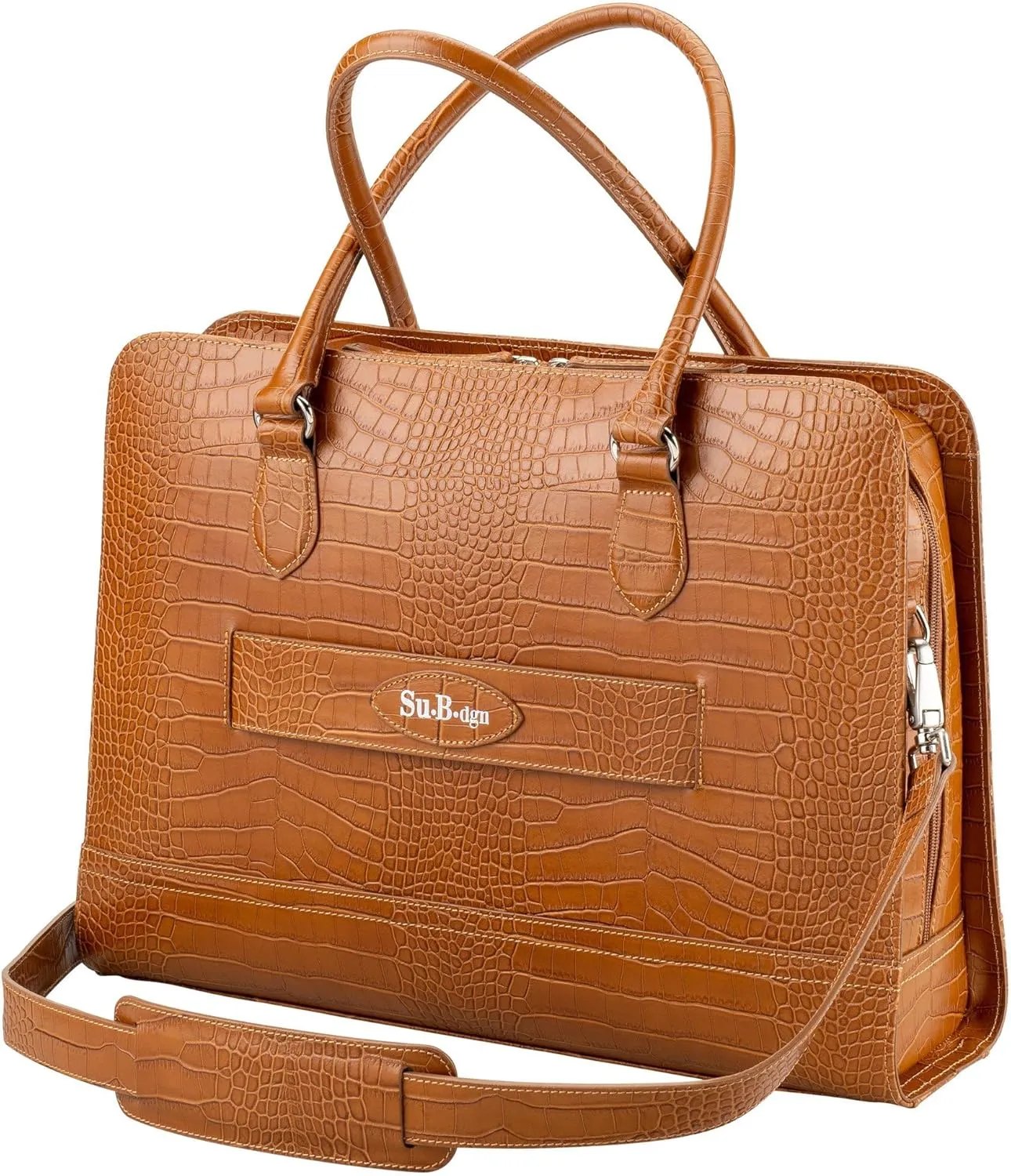 Womens Laptop Bag  Fits 14" and 13" Laptops, Croco Print Leather, Dutch Design, Made in Italy, with Trolley Strap