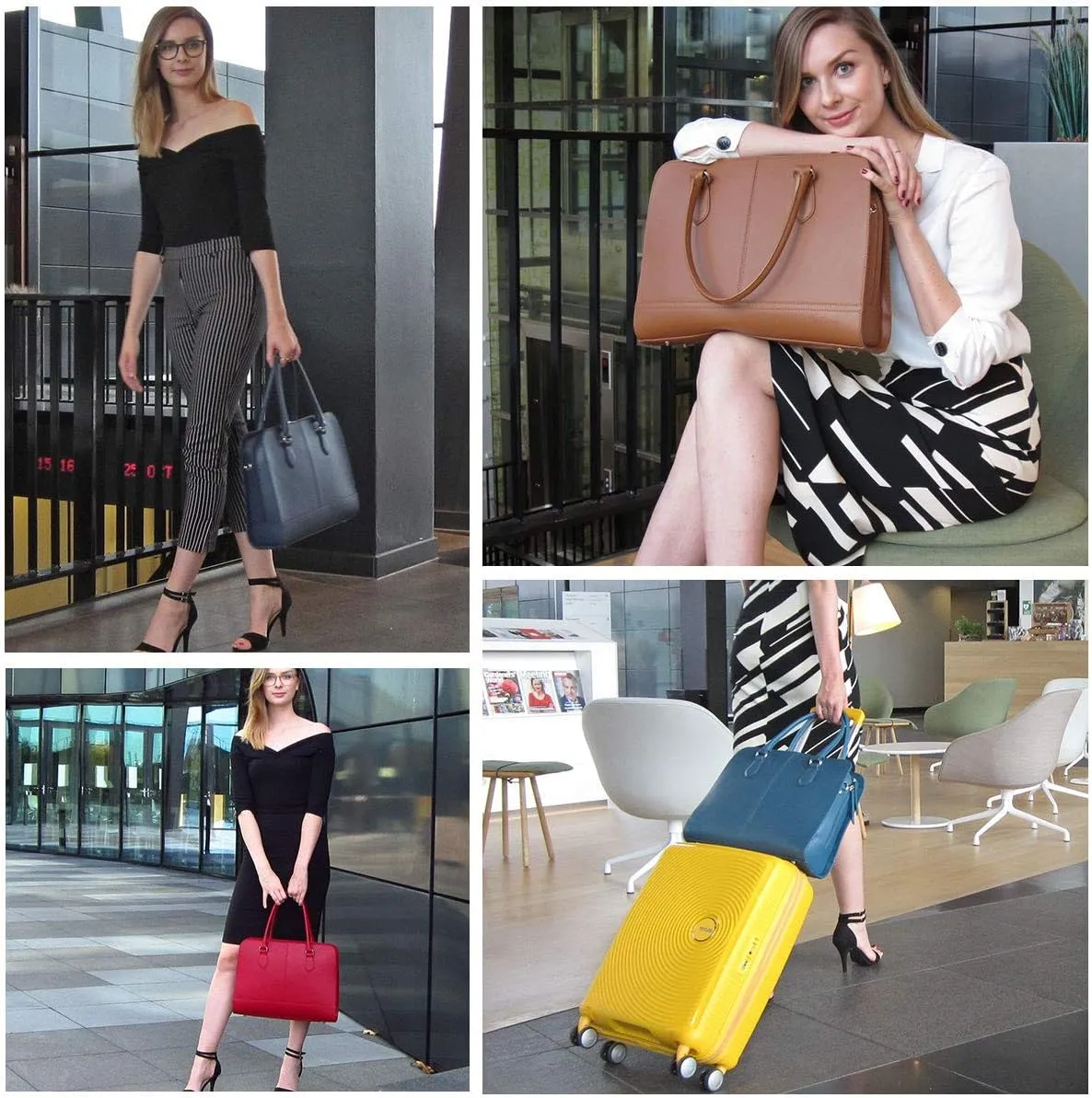 Womens Laptop Bag  Fits 14" and 13" Laptops, Croco Print Leather, Dutch Design, Made in Italy, with Trolley Strap