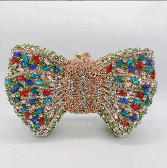 Women's Luxury Bow Stone Clutch Bag: Lady Crystal Evening Bag, Metal Green Minaudiere, Black Rhinestone Handbag, Wedding Party Purse