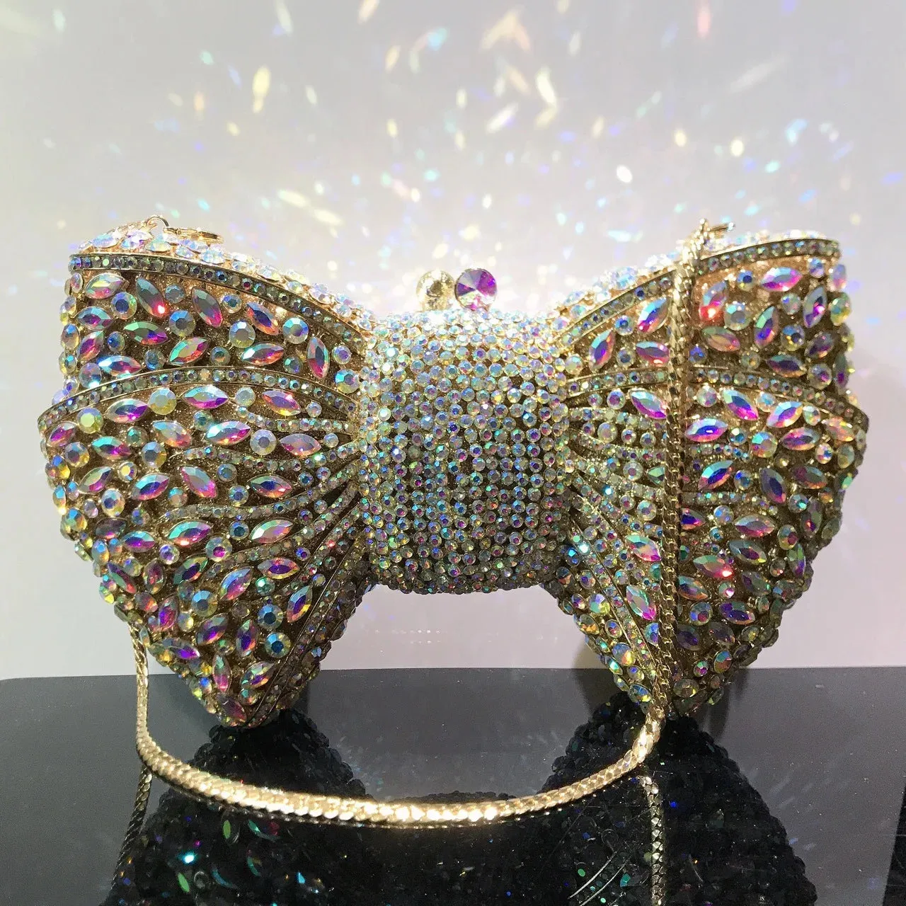 Women's Luxury Bow Stone Clutch Bag: Lady Crystal Evening Bag, Metal Green Minaudiere, Black Rhinestone Handbag, Wedding Party Purse