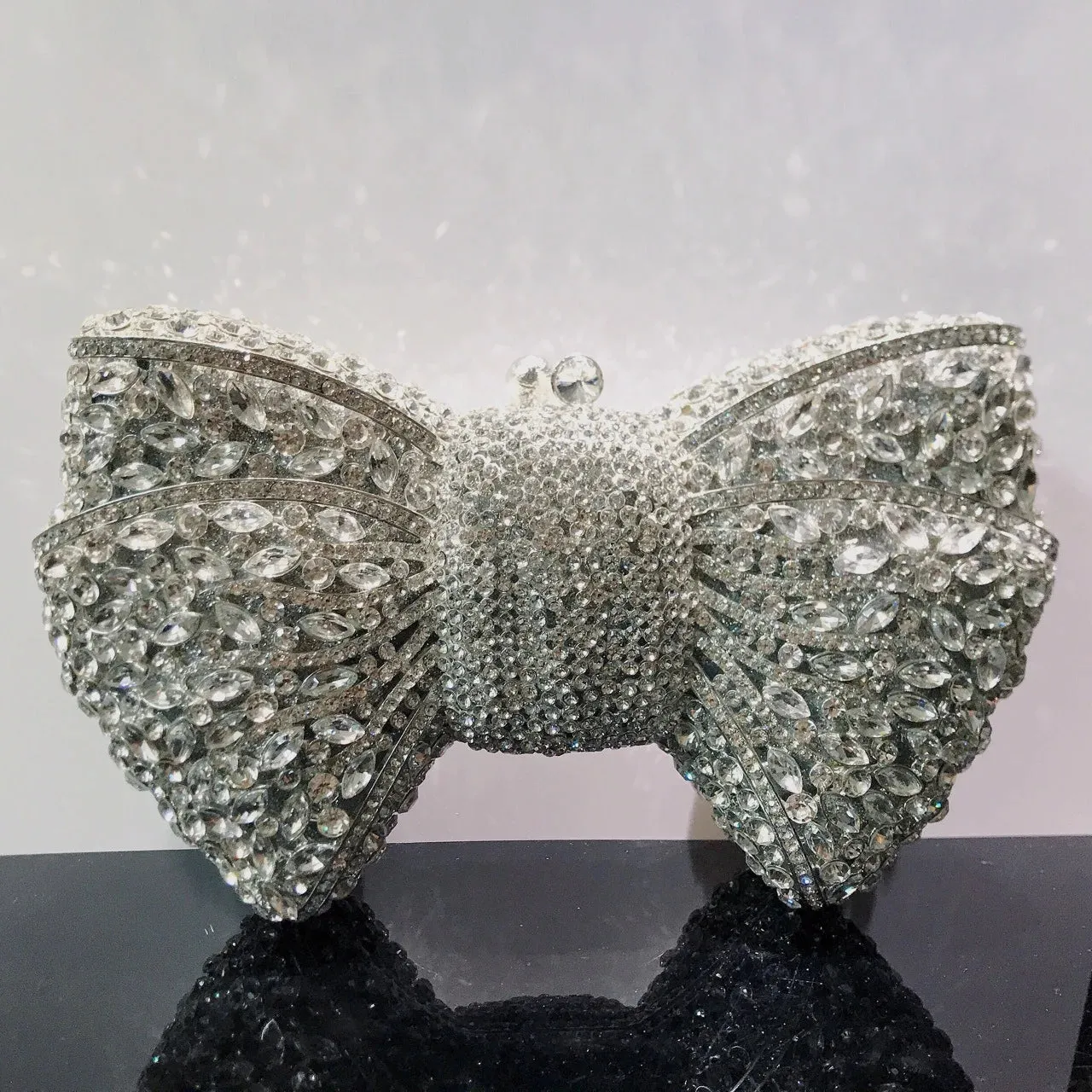 Women's Luxury Bow Stone Clutch Bag: Lady Crystal Evening Bag, Metal Green Minaudiere, Black Rhinestone Handbag, Wedding Party Purse