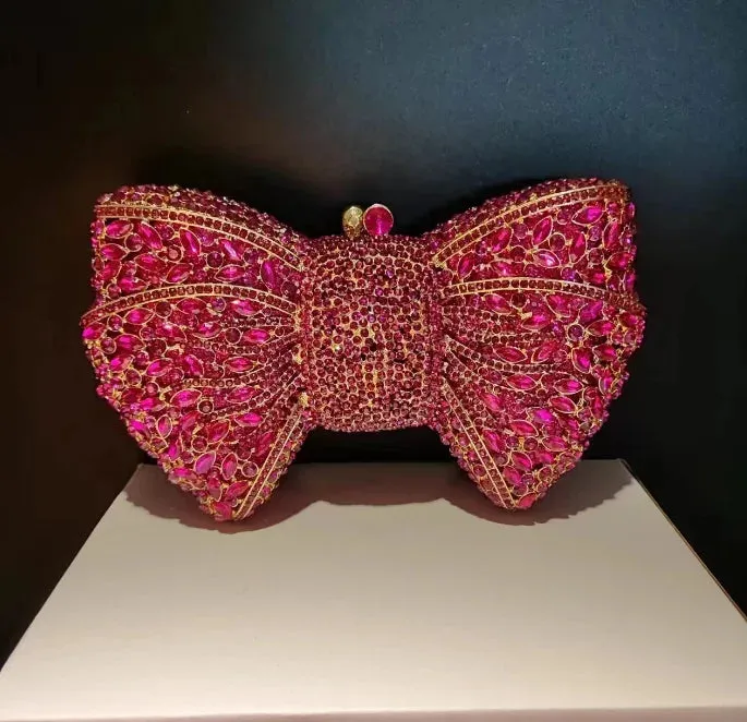 Women's Luxury Bow Stone Clutch Bag: Lady Crystal Evening Bag, Metal Green Minaudiere, Black Rhinestone Handbag, Wedding Party Purse