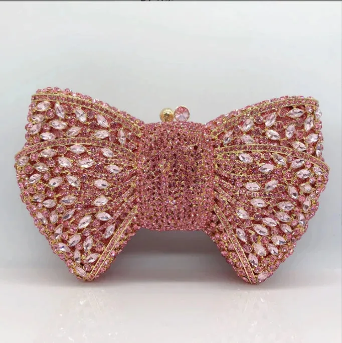 Women's Luxury Bow Stone Clutch Bag: Lady Crystal Evening Bag, Metal Green Minaudiere, Black Rhinestone Handbag, Wedding Party Purse