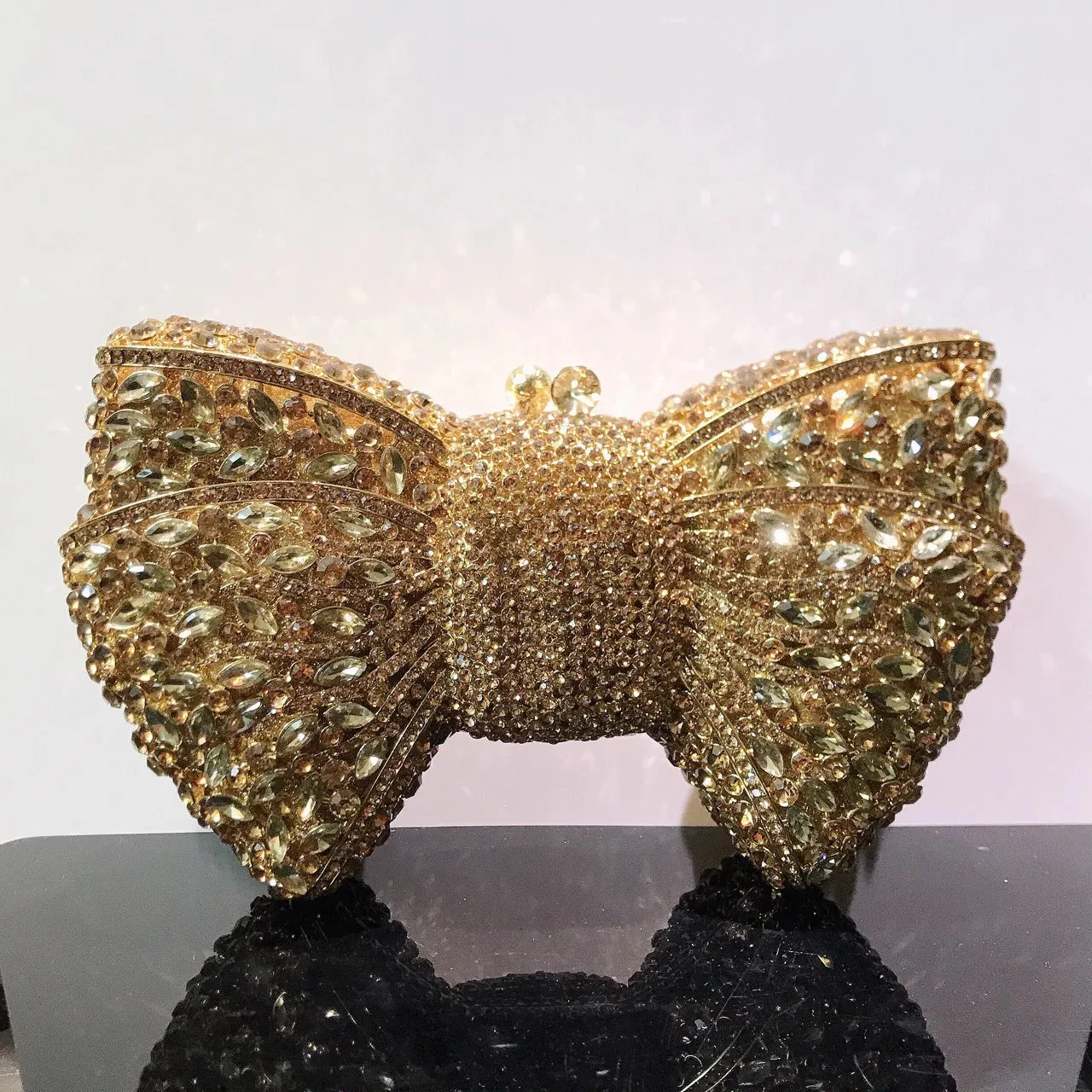 Women's Luxury Bow Stone Clutch Bag: Lady Crystal Evening Bag, Metal Green Minaudiere, Black Rhinestone Handbag, Wedding Party Purse
