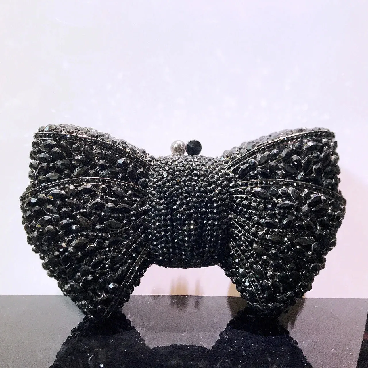 Women's Luxury Bow Stone Clutch Bag: Lady Crystal Evening Bag, Metal Green Minaudiere, Black Rhinestone Handbag, Wedding Party Purse