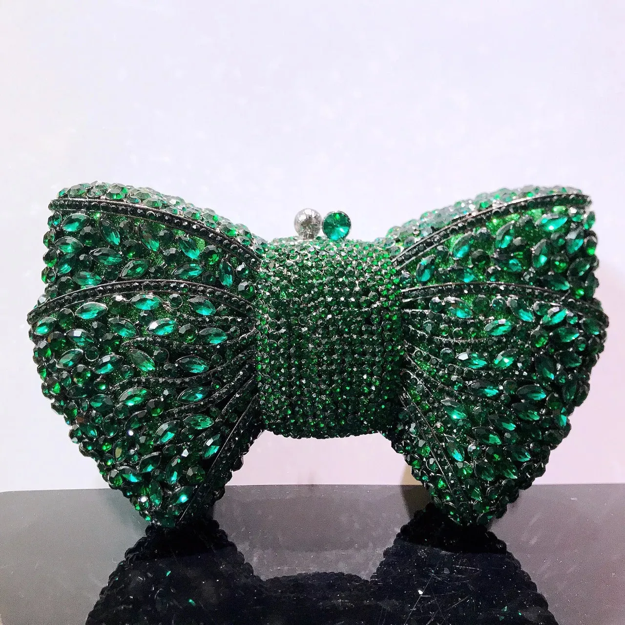 Women's Luxury Bow Stone Clutch Bag: Lady Crystal Evening Bag, Metal Green Minaudiere, Black Rhinestone Handbag, Wedding Party Purse