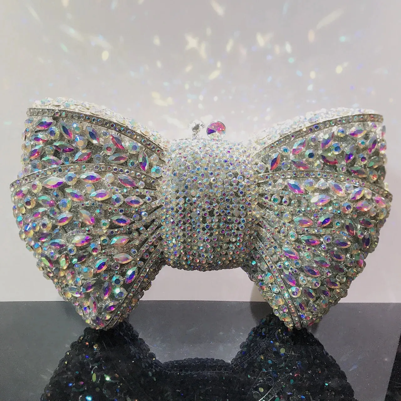 Women's Luxury Bow Stone Clutch Bag: Lady Crystal Evening Bag, Metal Green Minaudiere, Black Rhinestone Handbag, Wedding Party Purse