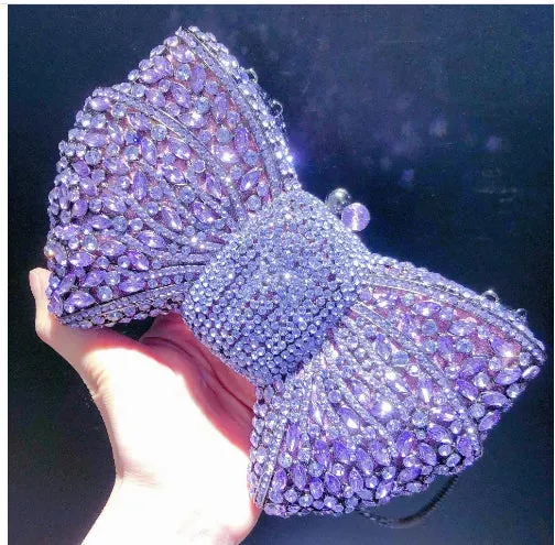 Women's Luxury Bow Stone Clutch Bag: Lady Crystal Evening Bag, Metal Green Minaudiere, Black Rhinestone Handbag, Wedding Party Purse