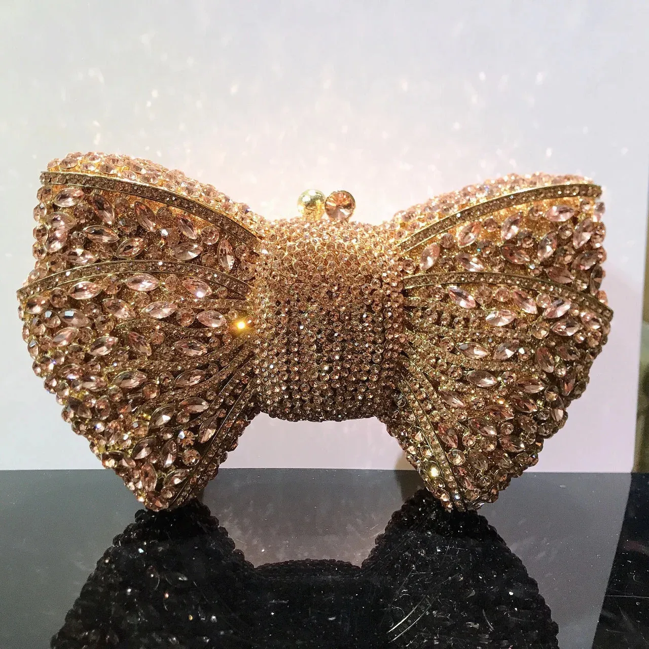 Women's Luxury Bow Stone Clutch Bag: Lady Crystal Evening Bag, Metal Green Minaudiere, Black Rhinestone Handbag, Wedding Party Purse