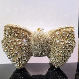 Women's Luxury Bow Stone Clutch Bag: Lady Crystal Evening Bag, Metal Green Minaudiere, Black Rhinestone Handbag, Wedding Party Purse