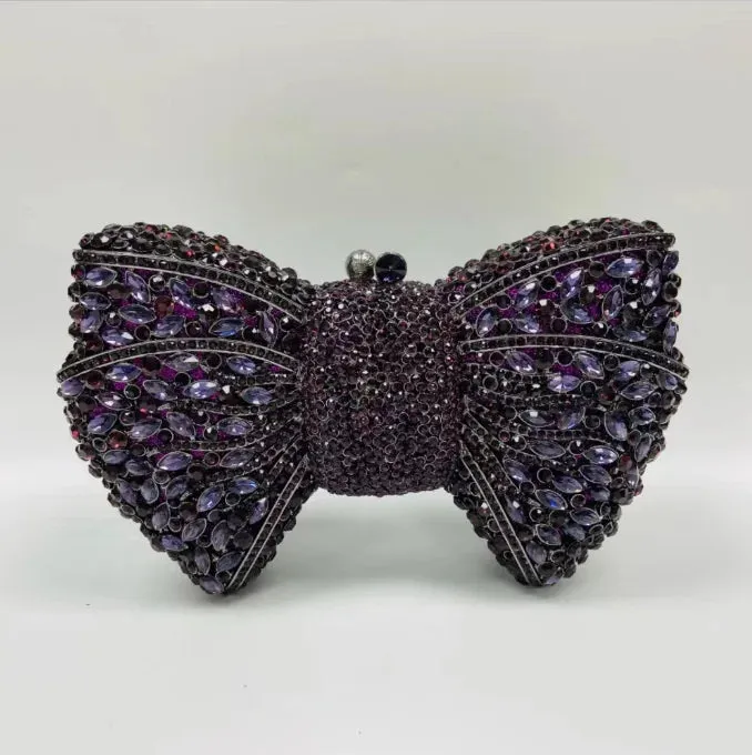 Women's Luxury Bow Stone Clutch Bag: Lady Crystal Evening Bag, Metal Green Minaudiere, Black Rhinestone Handbag, Wedding Party Purse