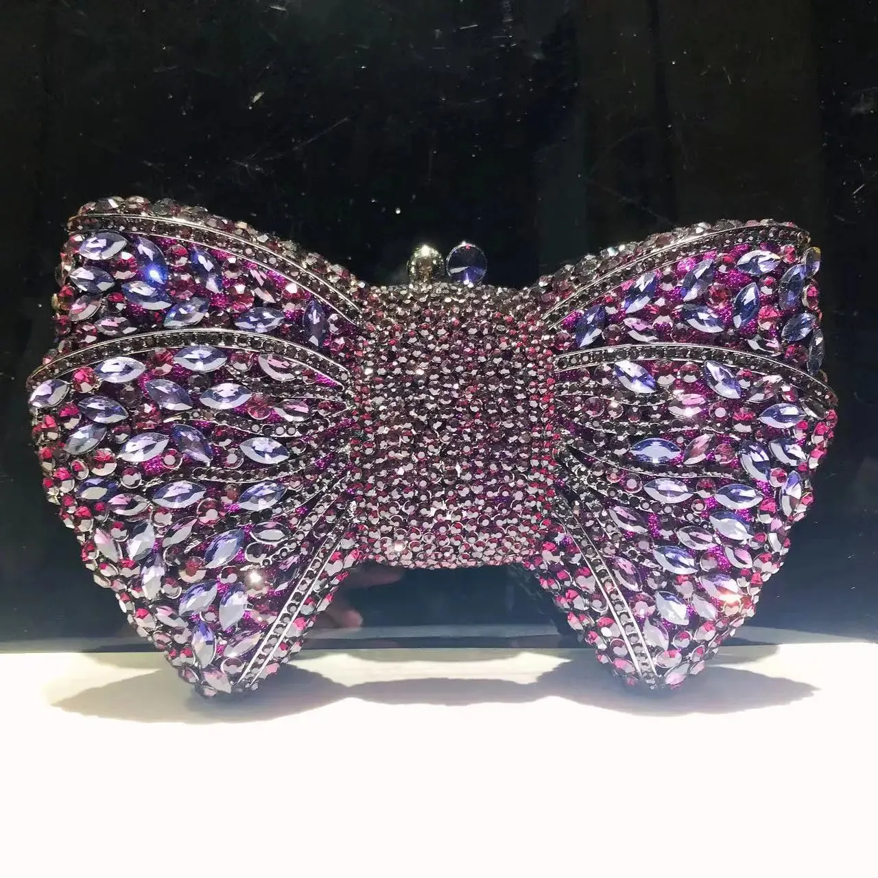 Women's Luxury Bow Stone Clutch Bag: Lady Crystal Evening Bag, Metal Green Minaudiere, Black Rhinestone Handbag, Wedding Party Purse