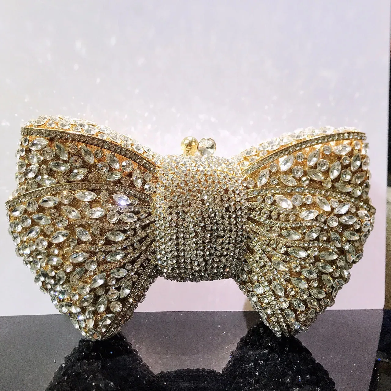 Women's Luxury Bow Stone Clutch Bag: Lady Crystal Evening Bag, Metal Green Minaudiere, Black Rhinestone Handbag, Wedding Party Purse