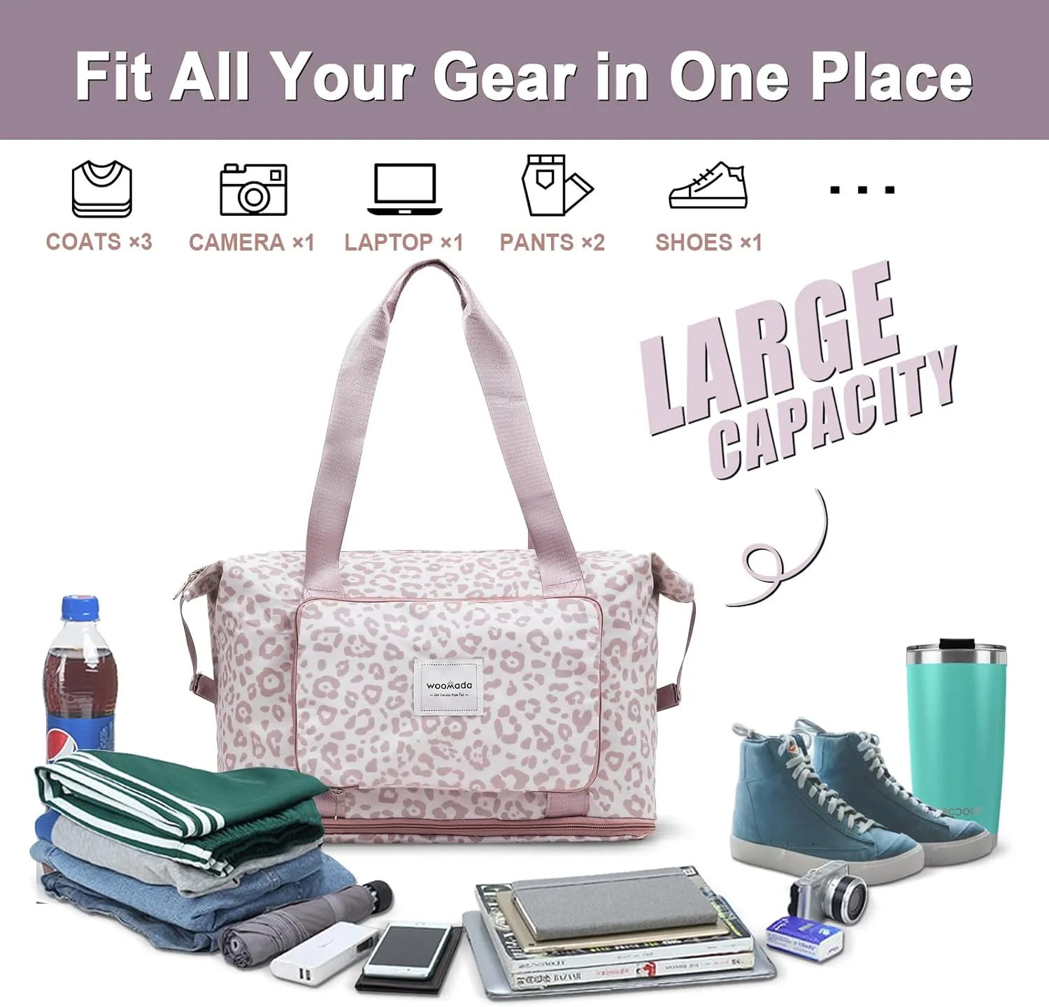 WOOMADA Foldable Travel Duffel, Weekender & Carry-On Bag with Expandable Space