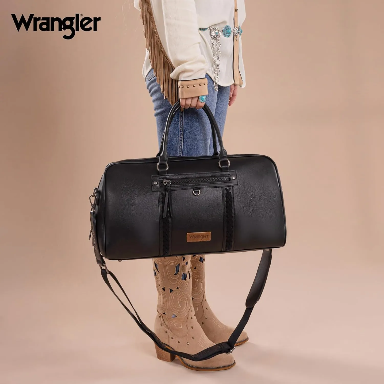 Wrangler Travel Duffel Bag Large Weekender Bag for Women Designer Carry on Overnight Bag for Trips Leather Luggage Bag Black