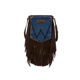 Wrangler Women's Leather Fringe Denim Coffee Brown Crossbody Bag