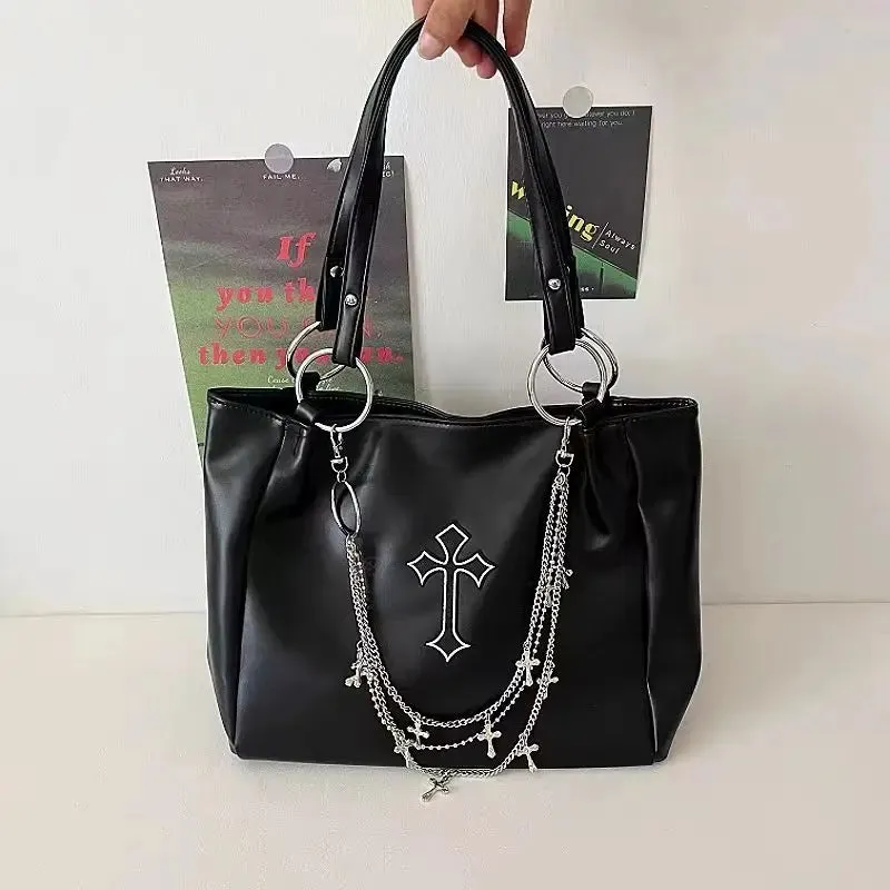 Y2K Capacity Grunge Cross Large Vintage PU Tote Gothic Leather Bag