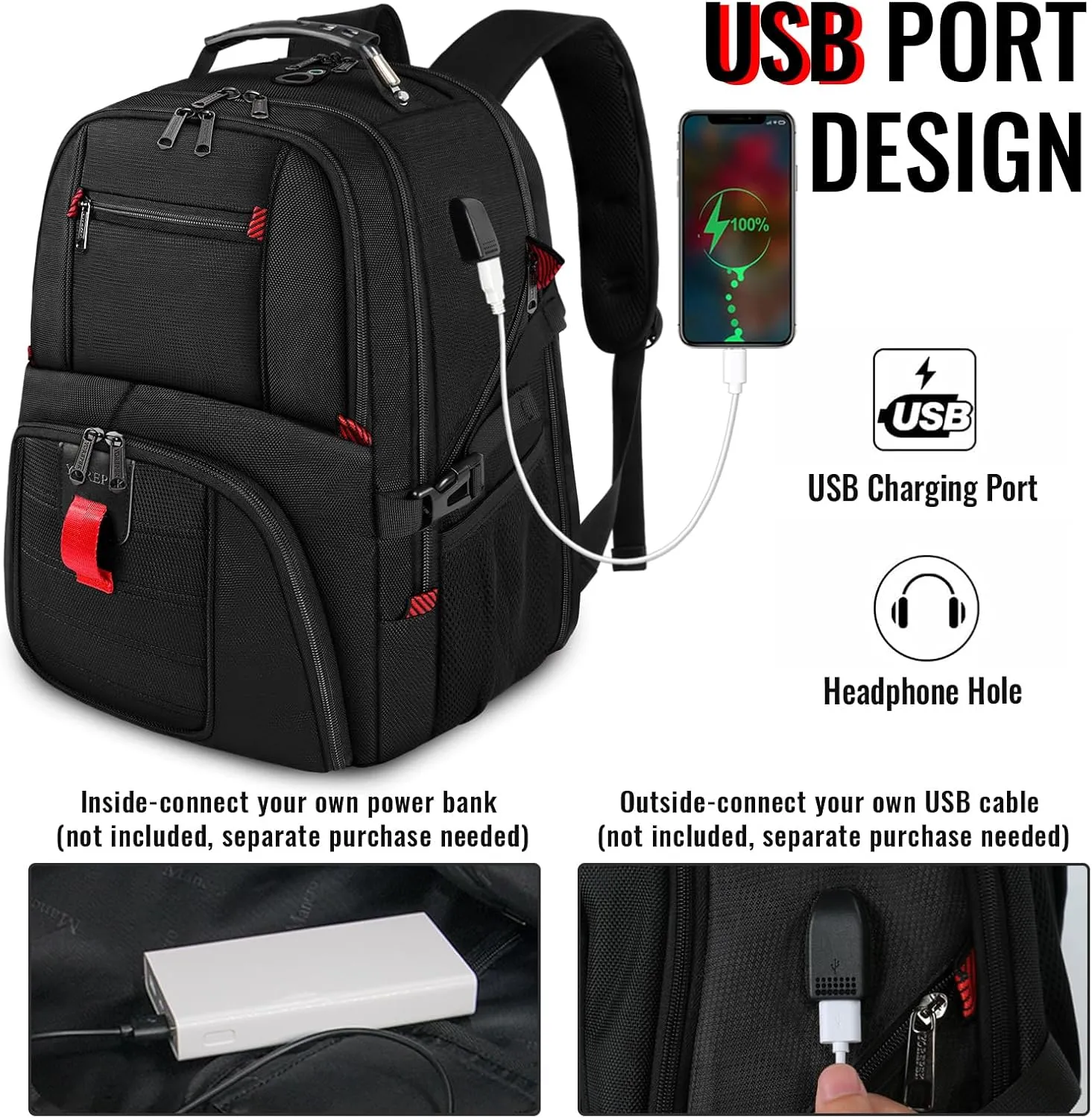 YOREPEK Travel Backpack, 15.6 Inch Laptop Backpacks for Men Women, Water Resistant College Backpack Airline Approved Business Work Bag with USB Charging Port Fits 15.6 Inch Computers, Black